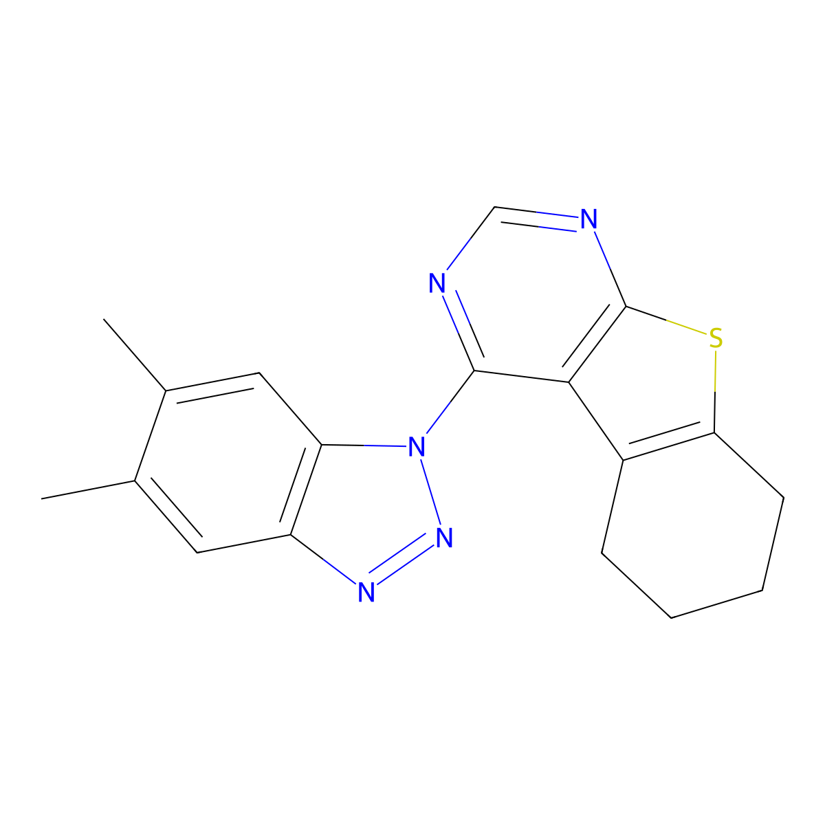 4-(5,6-dimethyl-1H-benzotriazol-1-yl)-5,6,7,8-tetrahydro[1]benzothieno[2,3-d]pyrimidine molecular structure, CAS 379241-75-5