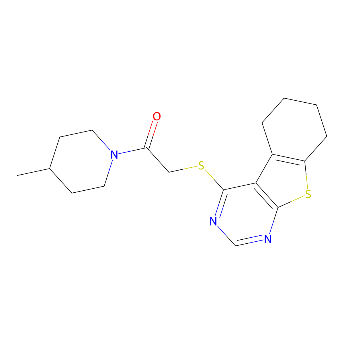 1-(4-Methylpiperidin-1-yl)-2-(5,6,7,8-tetrahydro-[1]benzothiolo[2,3-d]pyrimidin-4-ylsulfanyl)ethanone molecular structure, CAS 379242-14-5