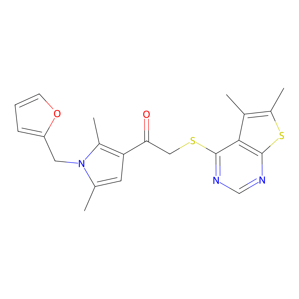 2-((5,6-dimethylthieno[2,3-d]pyrimidin-4-yl)thio)-1-(1-(furan-2-ylmethyl)-2,5-dimethyl-1H-pyrrol-3-yl)ethanone molecular structure, CAS 379242-31-6