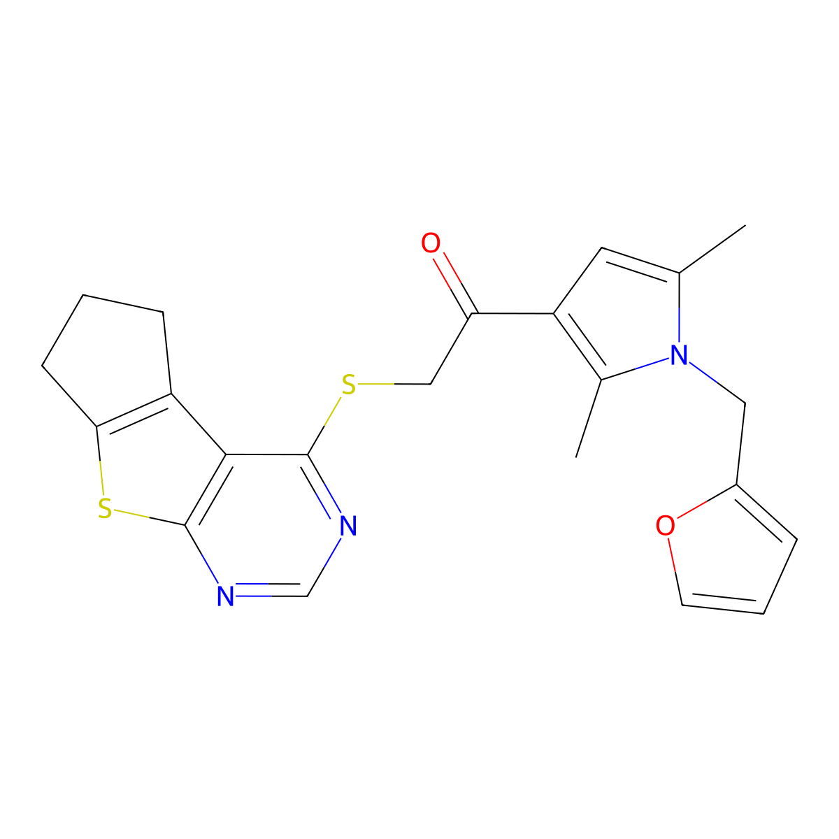 2-(6,7-dihydro-5H-cyclopenta[4,5]thieno[2,3-d]pyrimidin-4-ylthio)-1-[1-(2-furylmethyl)-2,5-dimethyl-1H-pyrrol-3-yl]ethanone molecular structure, CAS 379242-38-3