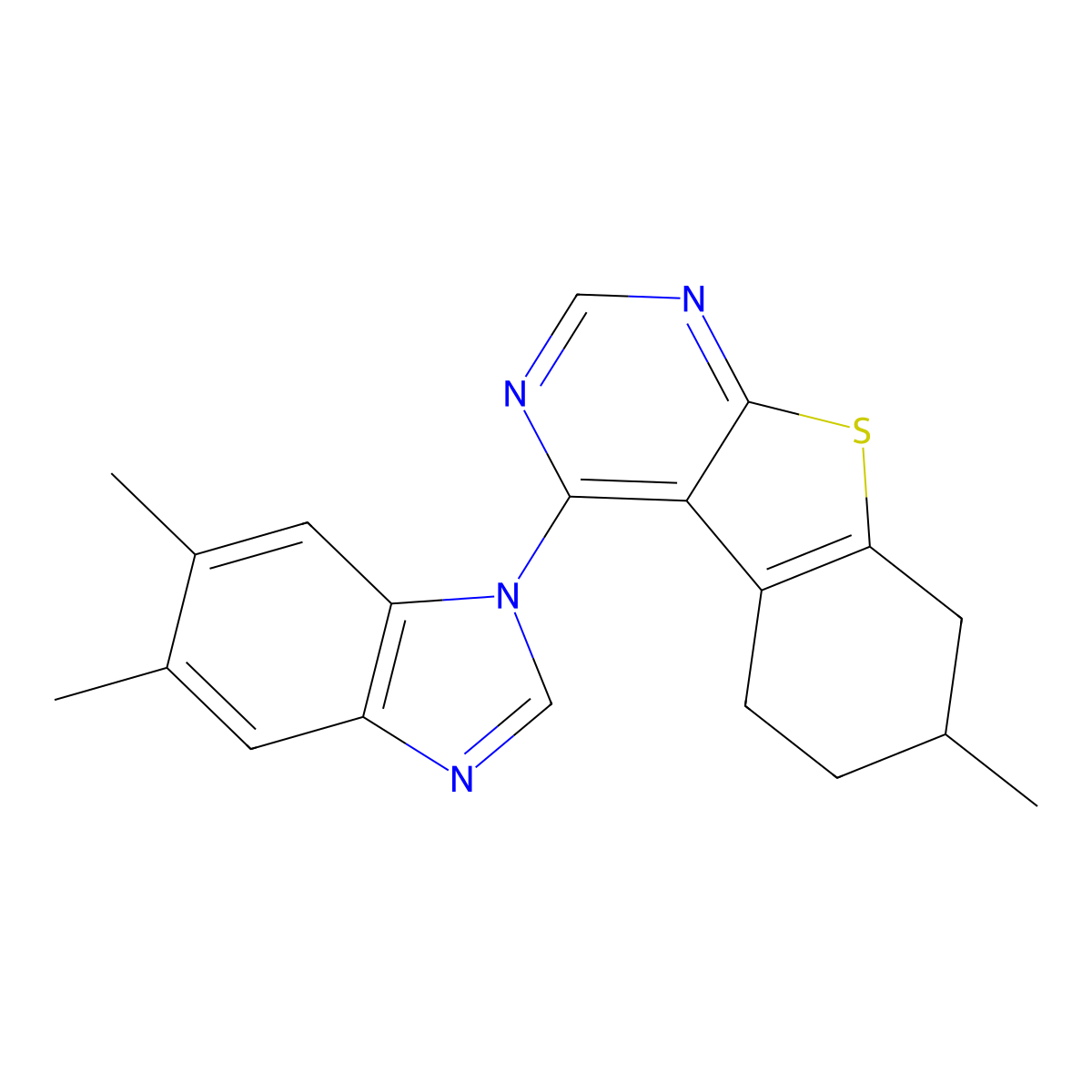 4-(5,6-dimethyl-1H-benzimidazol-1-yl)-7-methyl-5,6,7,8-tetrahydro[1]benzothieno[2,3-d]pyrimidine molecular structure, CAS 379242-50-9