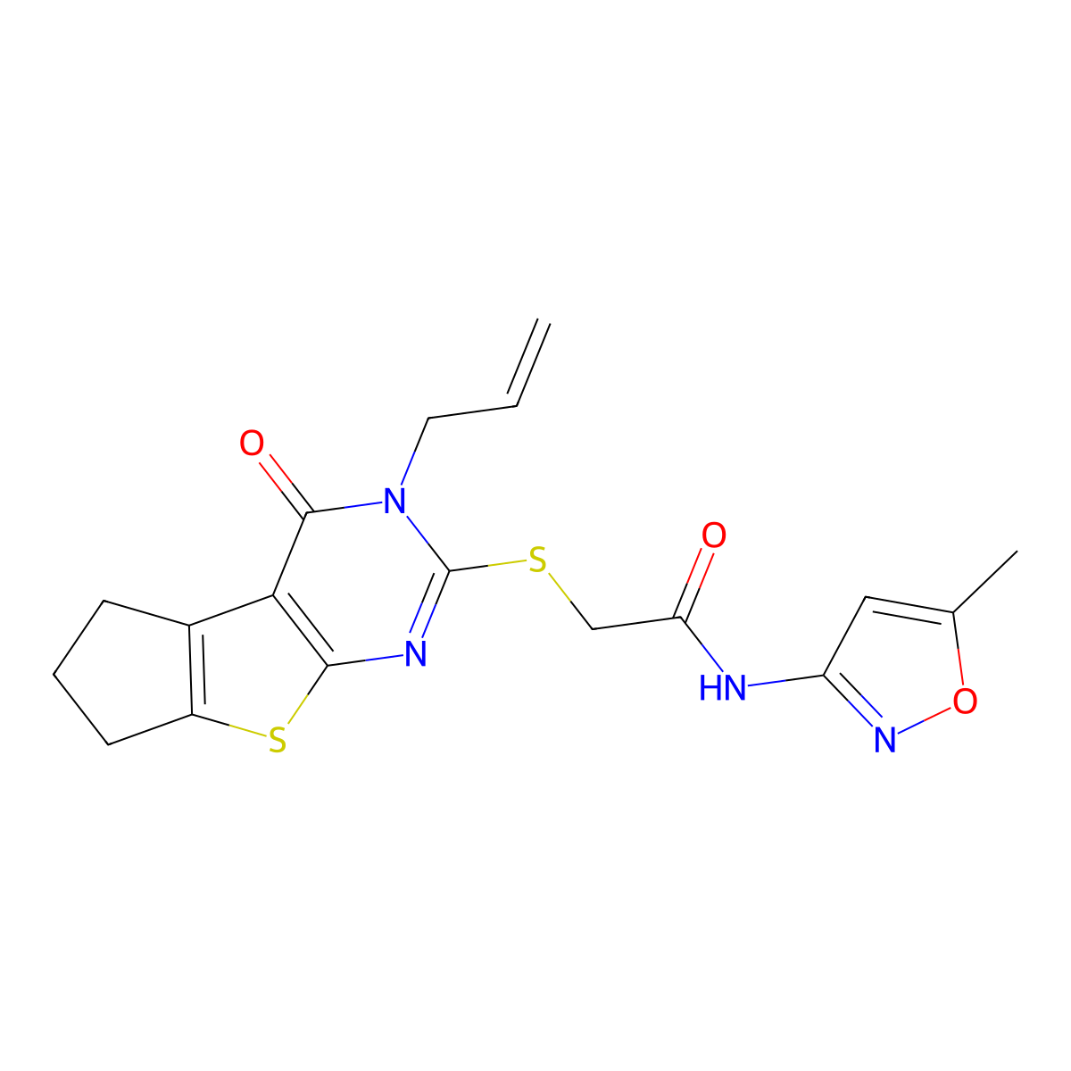 2-((3-allyl-4-oxo-4,5,6,7-tetrahydro-3H-cyclopenta[4,5]thieno[2,3-d]pyrimidin-2-yl)thio)-N-(5-methylisoxazol-3-yl)acetamide molecular structure, CAS 379243-07-9