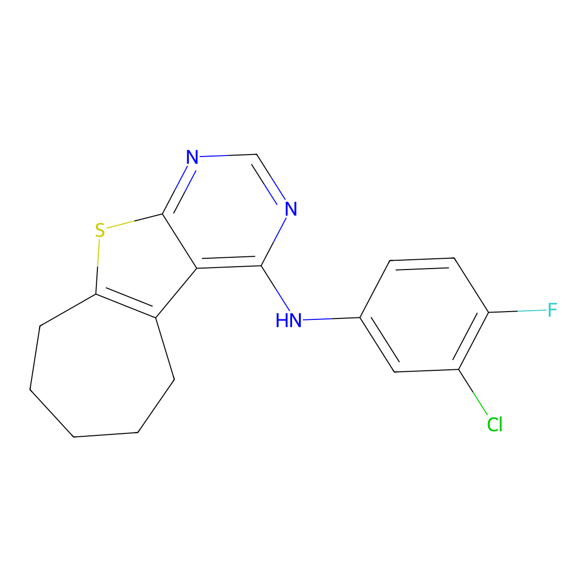 N-(3-chloro-4-fluorophenyl)-8-thia-4,6-diazatricyclo[7.5.0.0,2,7]tetradeca-1(9),2,4,6-tetraen-3-amine molecular structure, CAS 379243-32-0