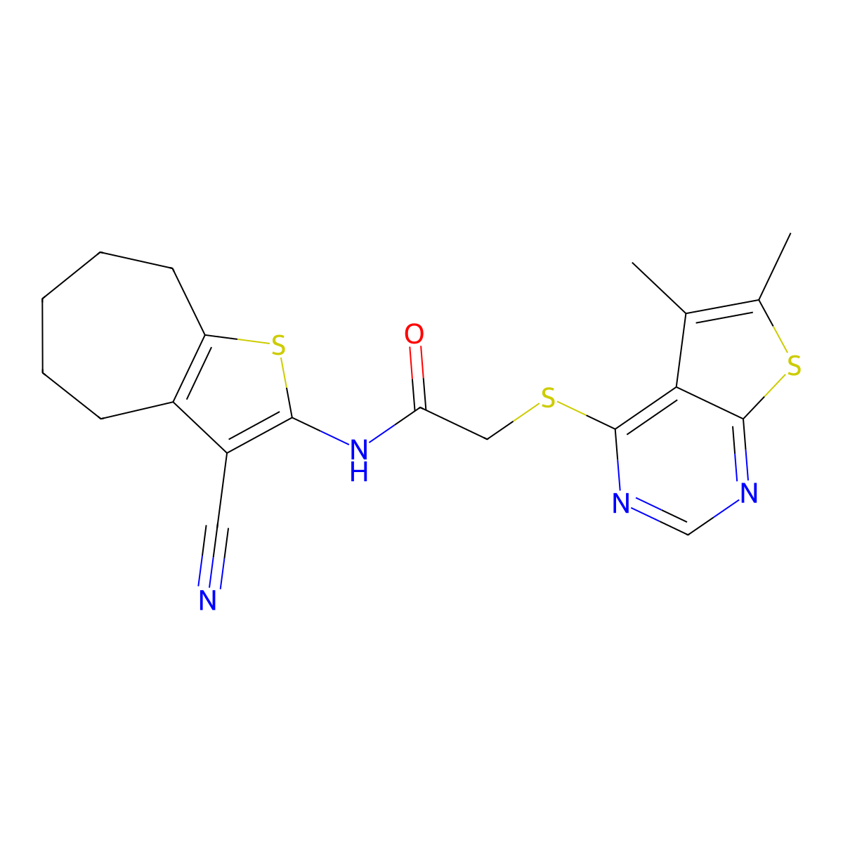 N-(3-cyano-5,6,7,8-tetrahydro-4H-cyclohepta[b]thiophen-2-yl)-2-(5,6-dimethylthieno[2,3-d]pyrimidin-4-yl)sulfanylacetamide molecular structure, CAS 379243-84-2