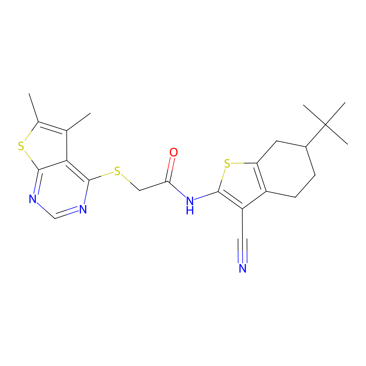 N-(6-tert-butyl-3-cyano-4,5,6,7-tetrahydro-1-benzothiophen-2-yl)-2-(5,6-dimethylthieno[2,3-d]pyrimidin-4-yl)sulfanylacetamide molecular structure, CAS 379244-07-2