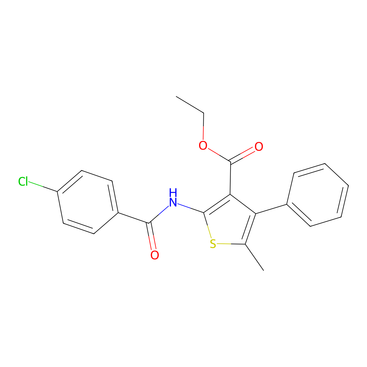 Ethyl 2-[(4-chlorobenzoyl)amino]-5-methyl-4-phenyl-3-thiophenecarboxylate molecular structure, CAS 379244-82-3
