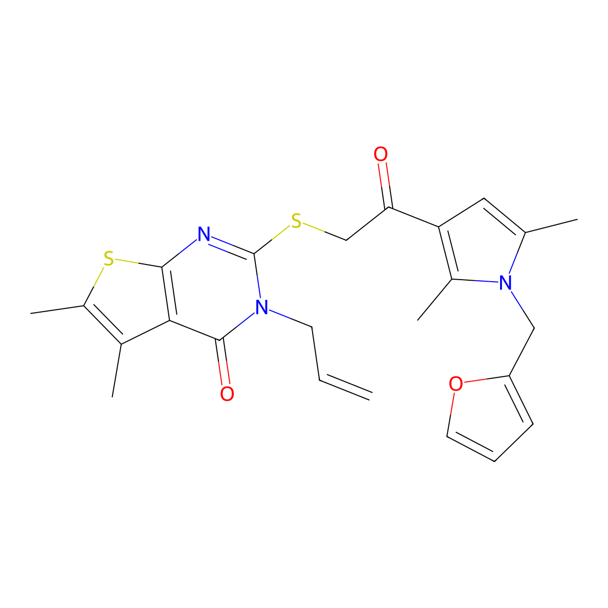 3-Allyl-2-({2-[1-(2-furylmethyl)-2,5-dimethyl-1H-pyrrol-3-YL]-2-oxoethyl}sulfanyl)-5,6-dimethylthieno[2,3-D]pyrimidin-4(3H)-one molecular structure, CAS 379244-83-4