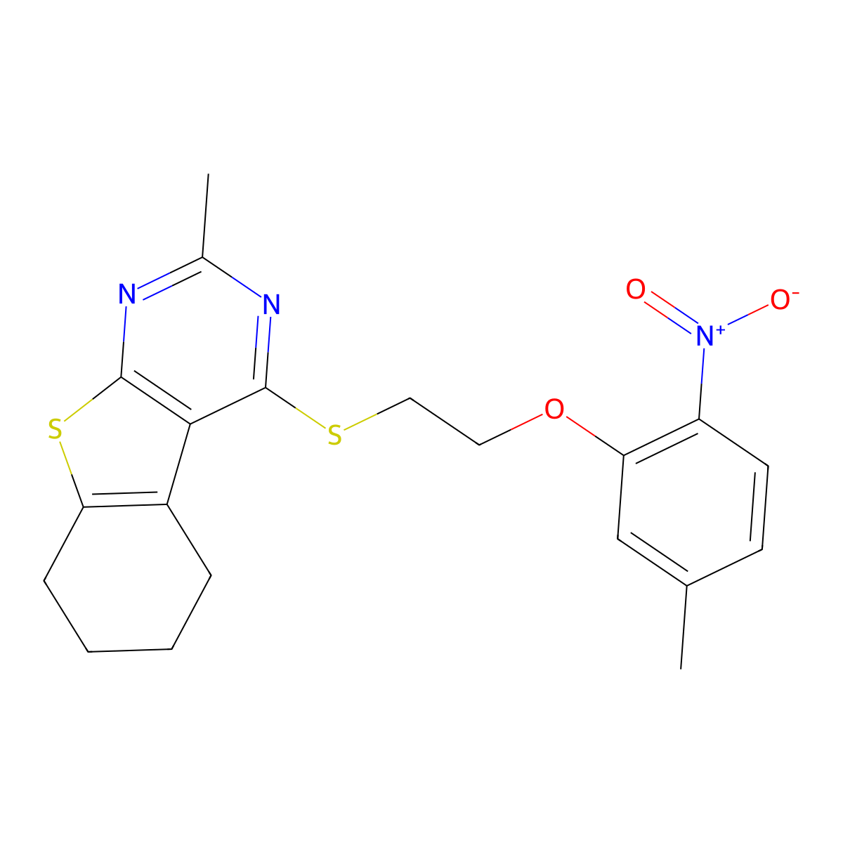 2-Methyl-4-[2-(5-methyl-2-nitrophenoxy)ethylsulfanyl]-5,6,7,8-tetrahydro-[1]benzothiolo[2,3-d]pyrimidine molecular structure, CAS 379244-88-9