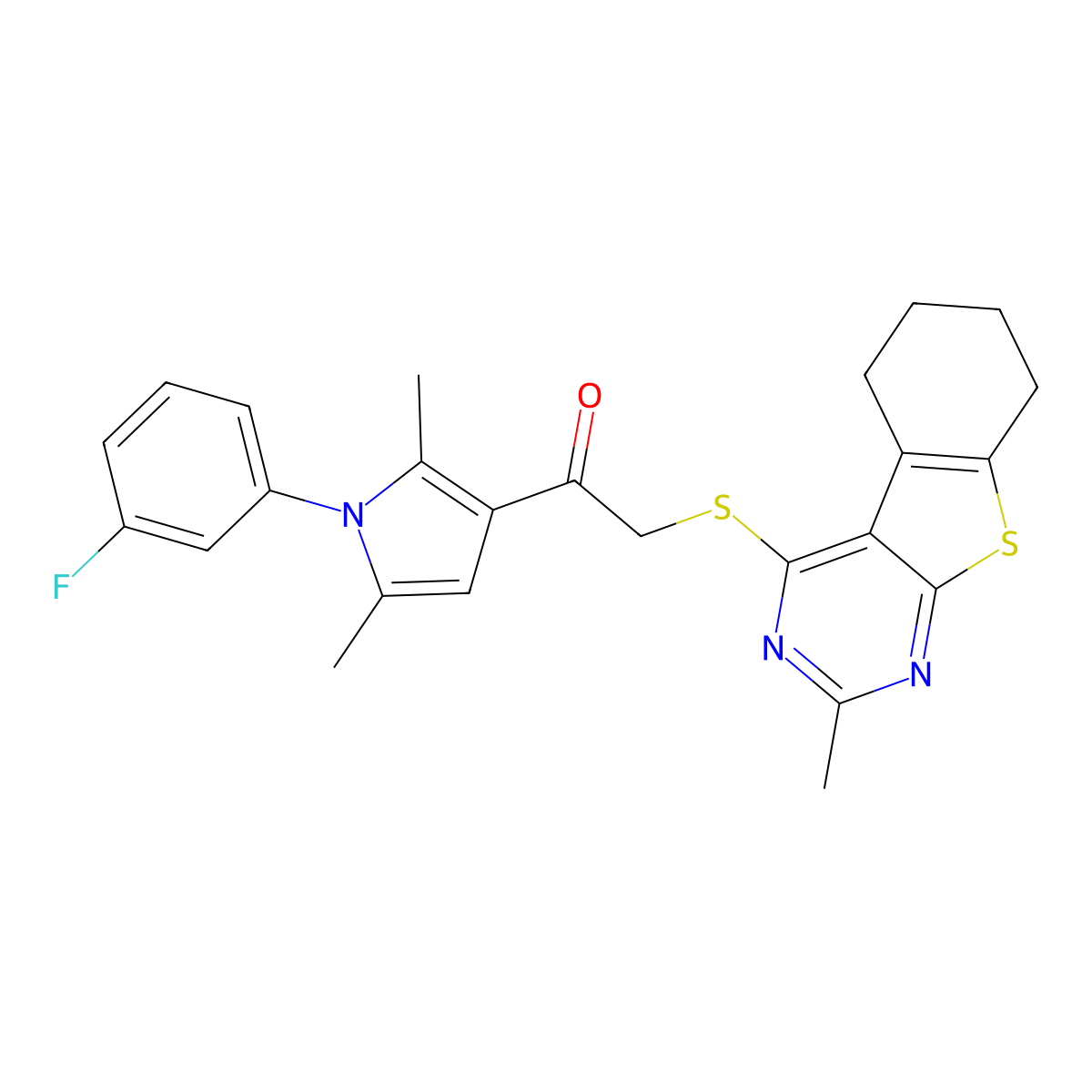 1-[1-(3-Fluorophenyl)-2,5-dimethylpyrrol-3-yl]-2-[(2-methyl-5,6,7,8-tetrahydro-[1]benzothiolo[2,3-d]pyrimidin-4-yl)sulfanyl]ethanone molecular structure, CAS 379245-07-5