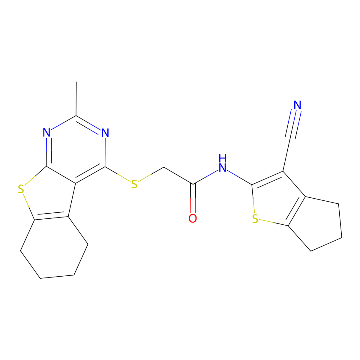 N-(3-cyano-5,6-dihydro-4H-cyclopenta[b]thiophen-2-yl)-2-[(2-methyl-5,6,7,8-tetrahydro-[1]benzothiolo[2,3-d]pyrimidin-4-yl)sulfanyl]acetamide molecular structure, CAS 379245-11-1