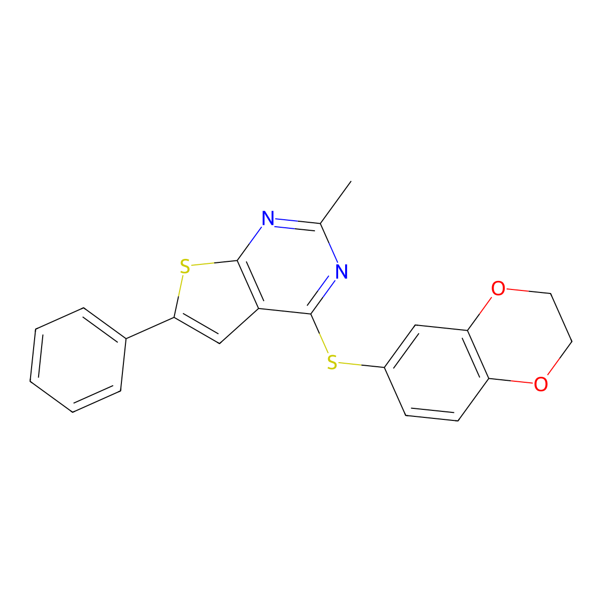 4-(2,3-Dihydro-1,4-benzodioxin-6-ylsulfanyl)-2-methyl-6-phenylthieno[2,3-d]pyrimidine molecular structure, CAS 379245-15-5