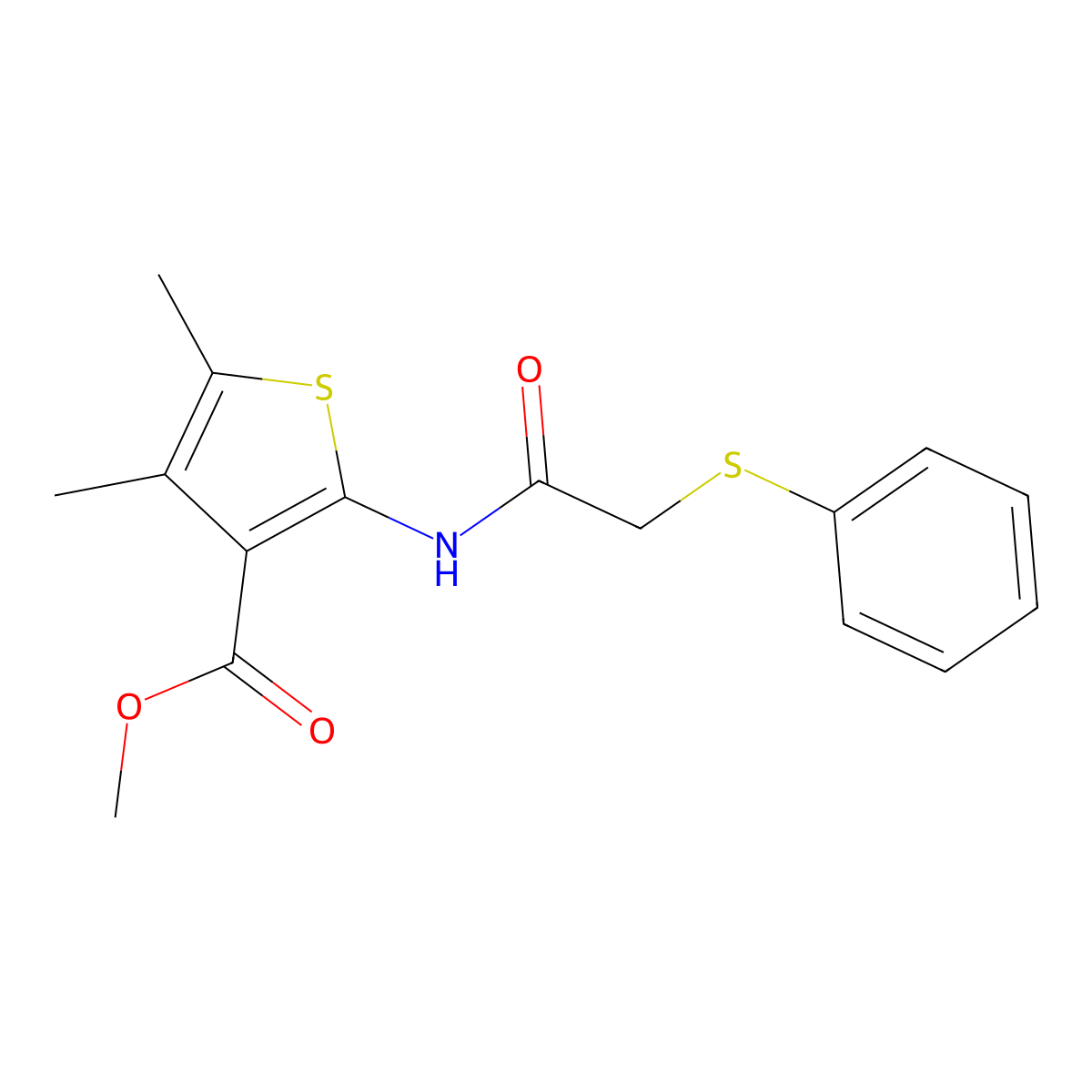 Methyl 4,5-dimethyl-2-(2-phenylthioacetylamino)thiophene-3-carboxylate molecular structure, CAS 379245-41-7