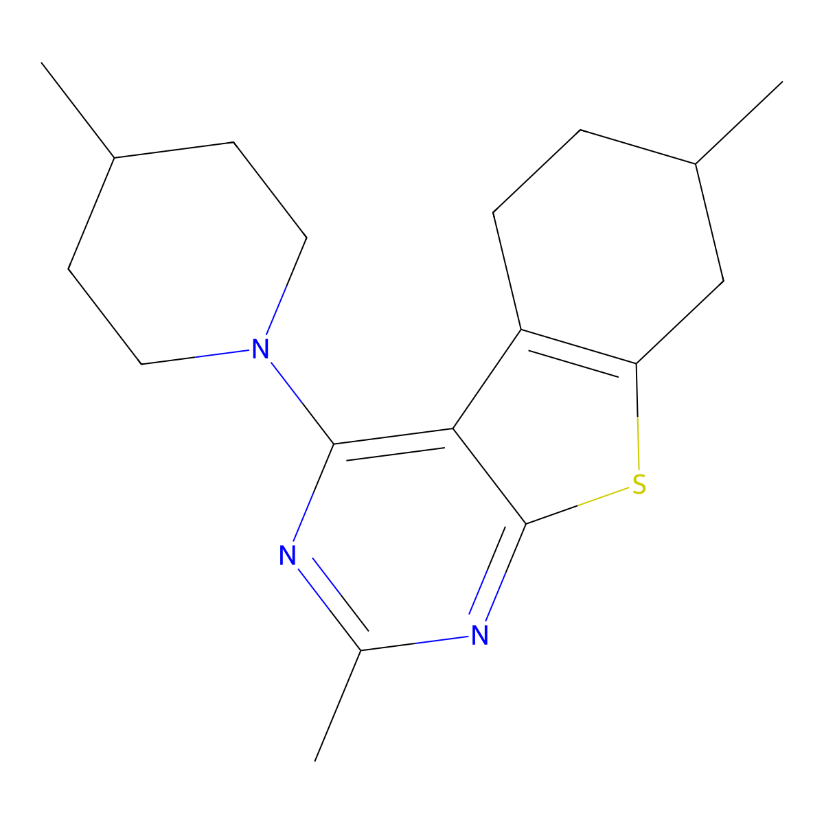 2,7-Dimethyl-4-(4-methylpiperidin-1-yl)-5,6,7,8-tetrahydro[1]benzothieno[2,3-d]pyrimidine molecular structure, CAS 379245-42-8