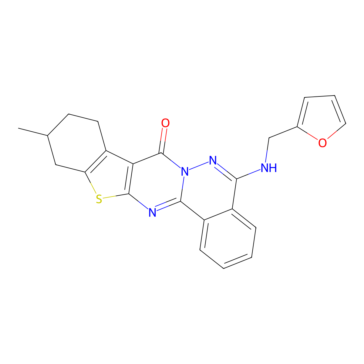 20-{[(Furan-2-yl)methyl]amino}-7-methyl-10-thia-1,12,21-triazapentacyclo[11.8.0.0^{3,11}.0^{4,9}.0^{14,19}]henicosa-3(11),4(9),12,14(19),15,17,20-heptaen-2-one molecular structure, CAS 379245-51-9