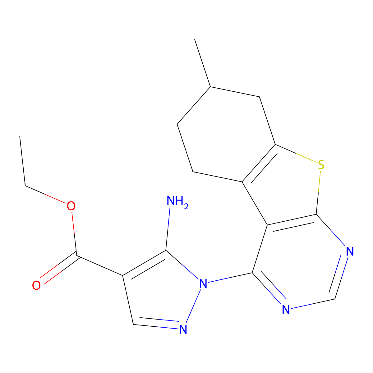Ethyl 5-amino-1-(7-methyl-5,6,7,8-tetrahydro-[1]benzothiolo[2,3-d]pyrimidin-4-yl)pyrazole-4-carboxylate molecular structure, CAS 379245-57-5