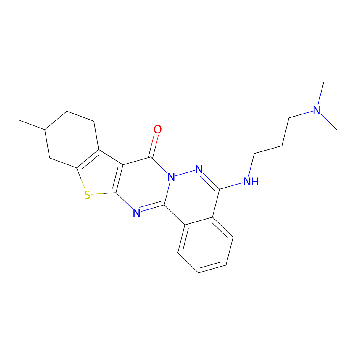 20-{[3-(Dimethylamino)propyl]amino}-7-methyl-10-thia-1,12,21-triazapentacyclo[11.8.0.0^{3,11}.0^{4,9}.0^{14,19}]henicosa-3(11),4(9),12,14(19),15,17,20-heptaen-2-one molecular structure, CAS 379245-61-1