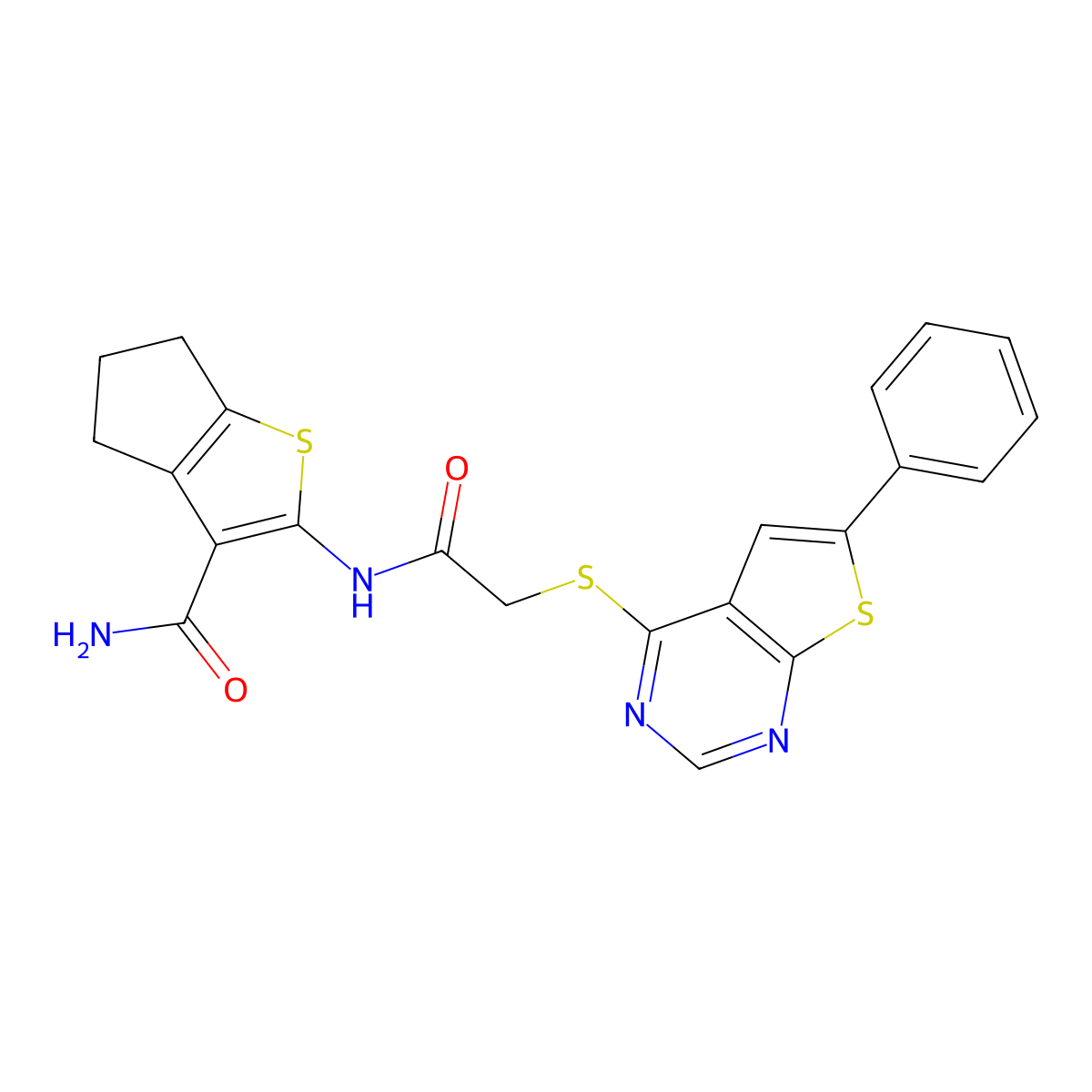 2-({[(6-phenylthieno[2,3-d]pyrimidin-4-yl)sulfanyl]acetyl}amino)-5,6-dihydro-4H-cyclopenta[b]thiophene-3-carboxamide molecular structure, CAS 379245-72-4