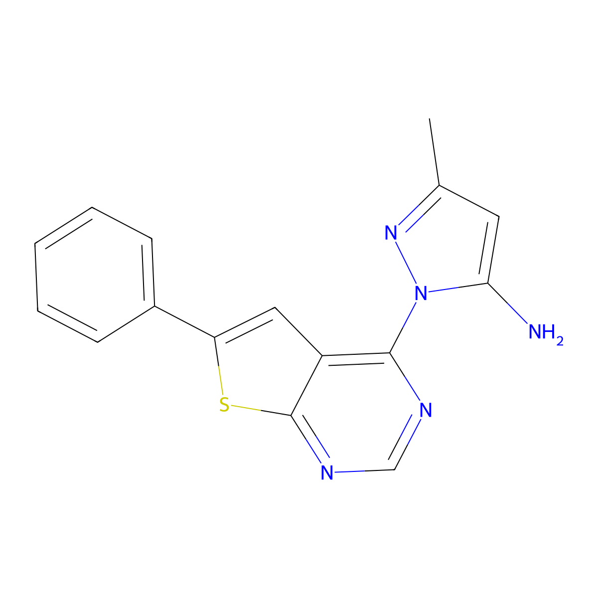 3-methyl-1-{6-phenylthieno[2,3-d]pyrimidin-4-yl}-1H-pyrazol-5-amine molecular structure, CAS 379246-01-2
