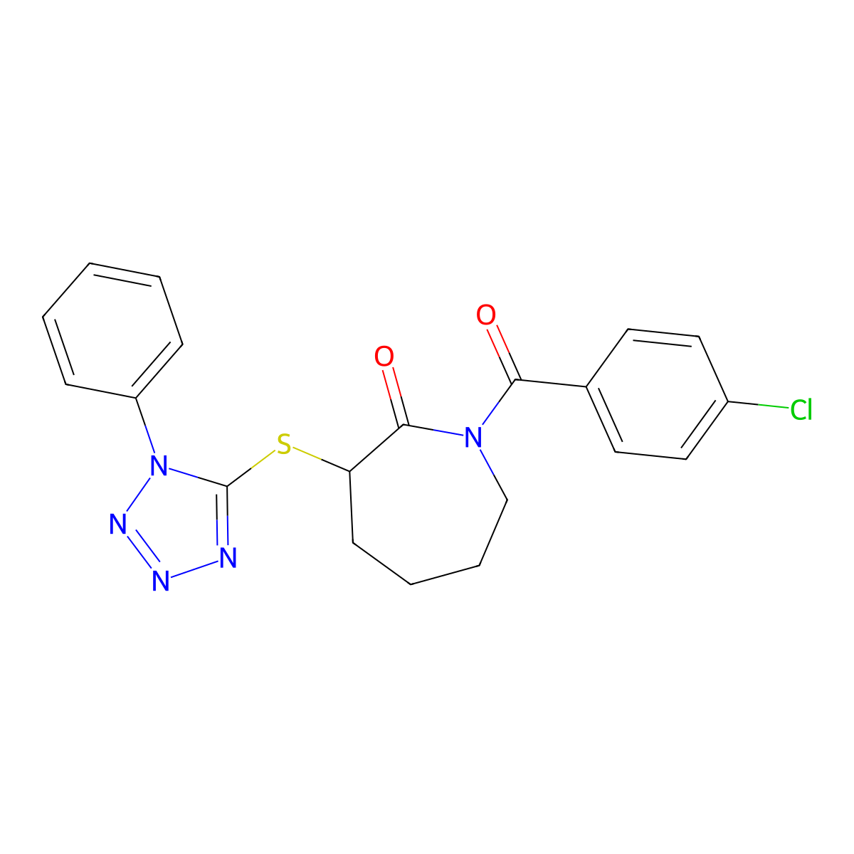 1-(4-chlorobenzoyl)-3-((1-phenyl-1H-tetrazol-5-yl)thio)azepan-2-one molecular structure, CAS 379246-10-3