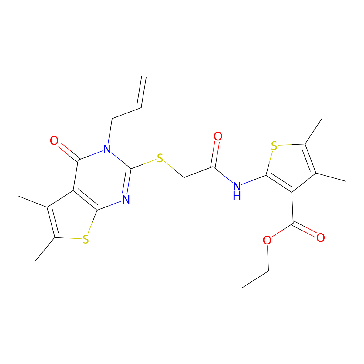 Ethyl 2-({[(3-allyl-5,6-dimethyl-4-oxo-3,4-dihydrothieno[2,3-d]pyrimidin-2-yl)sulfanyl]acetyl}amino)-4,5-dimethylthiophene-3-carboxylate molecular structure, CAS 379246-58-9