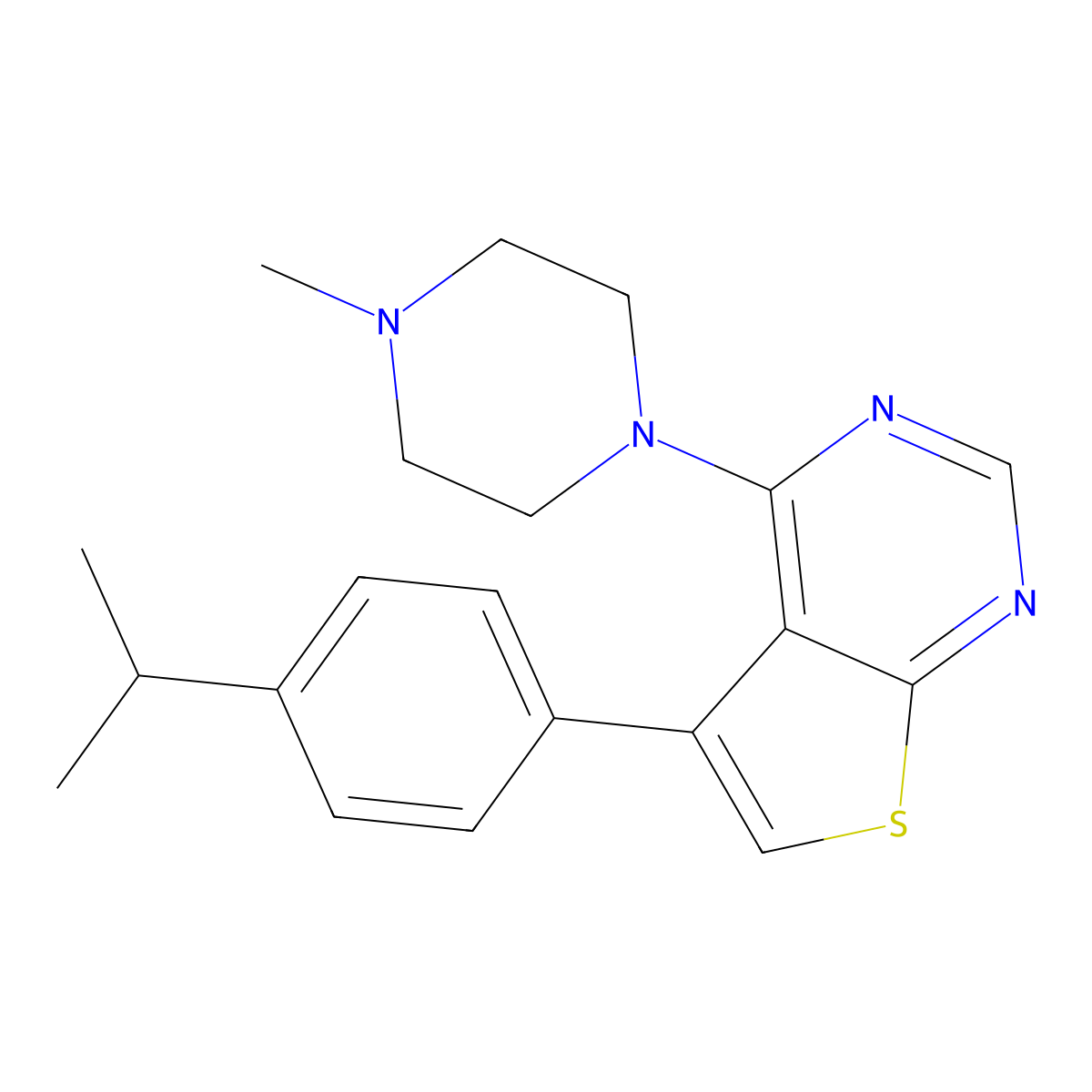 1-Methyl-4-{5-[4-(propan-2-yl)phenyl]thieno[2,3-d]pyrimidin-4-yl}piperazine molecular structure, CAS 379246-60-3