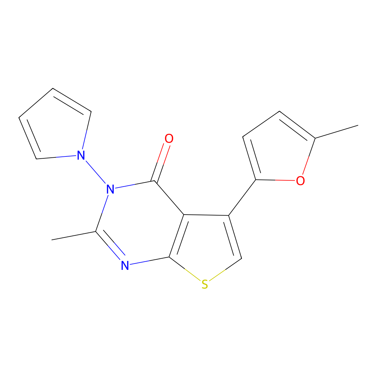 2-Methyl-5-(5-methyl-2-furanyl)-3-(1-pyrrolyl)-4-thieno[2,3-d]pyrimidinone molecular structure, CAS 379246-76-1