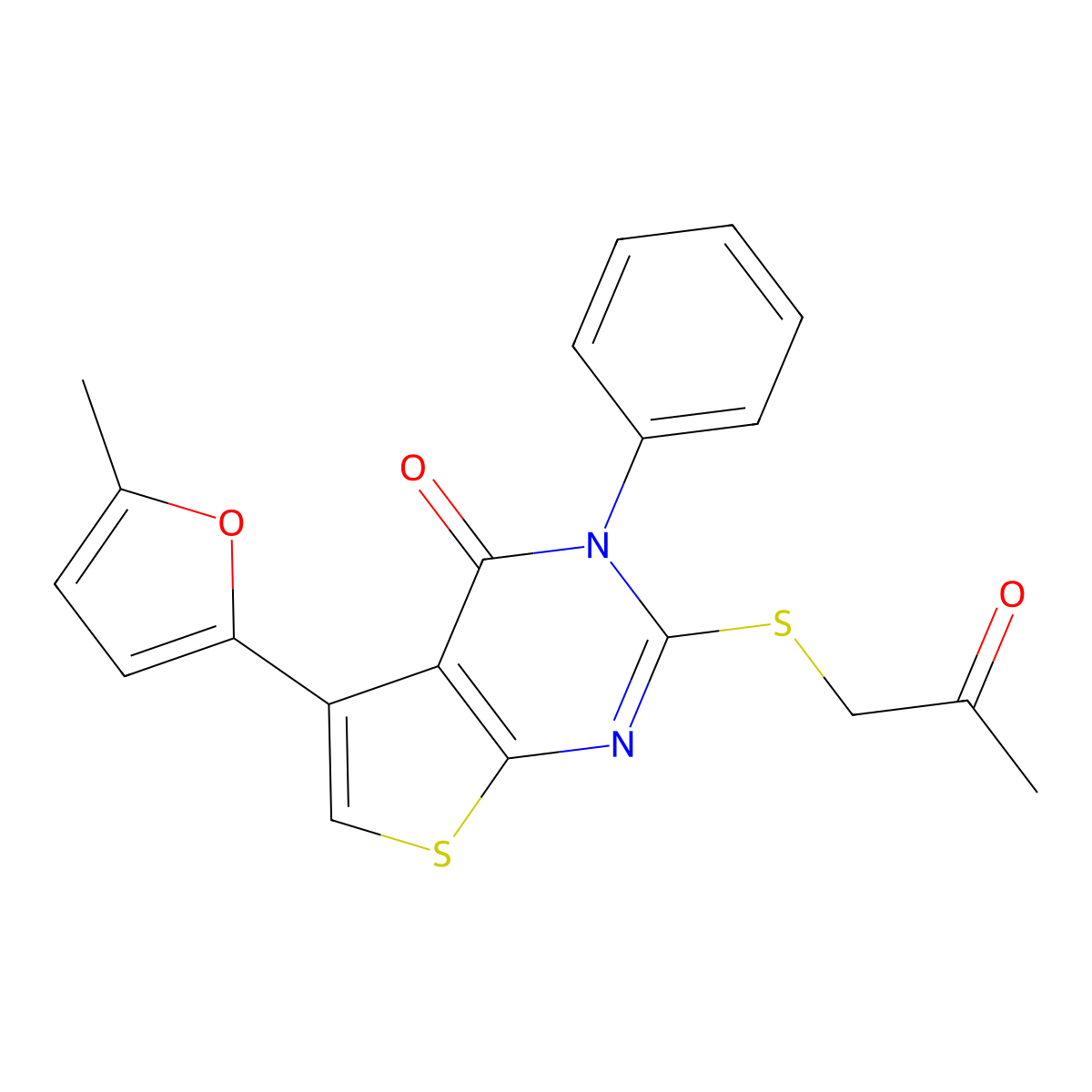 5-(5-Methylfuran-2-yl)-2-(2-oxopropylsulfanyl)-3-phenylthieno[2,3-d]pyrimidin-4-one molecular structure, CAS 379247-20-8