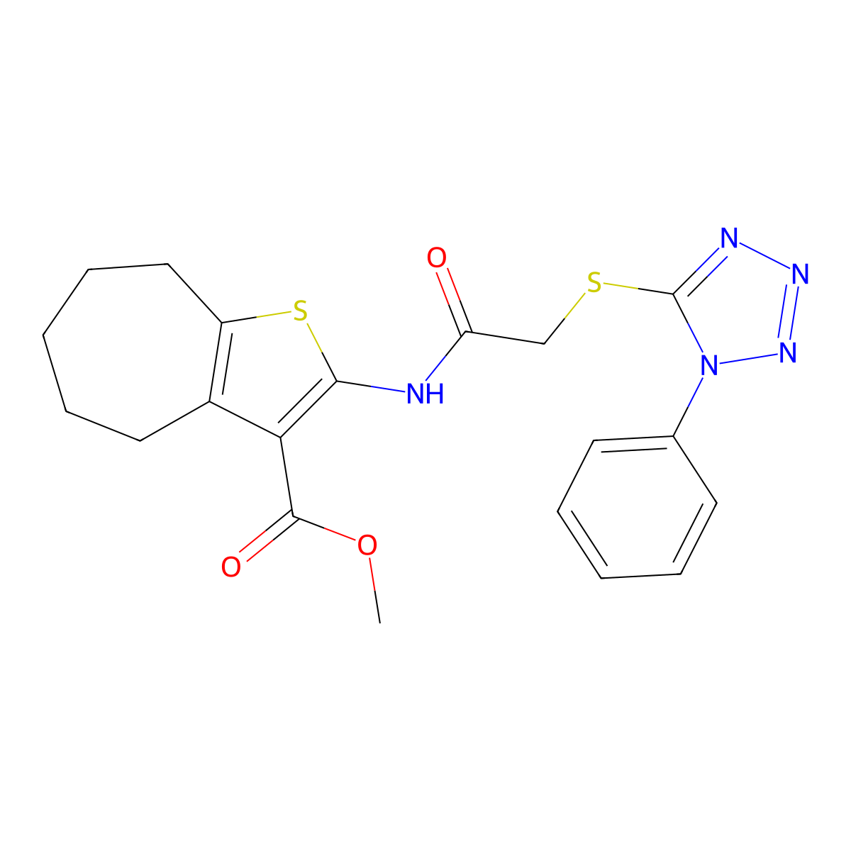 methyl 2-[[2-(1-phenyltetrazol-5-yl)sulfanylacetyl]amino]-5,6,7,8-tetrahydro-4H-cyclohepta[b]thiophene-3-carboxylate molecular structure, CAS 379247-28-6