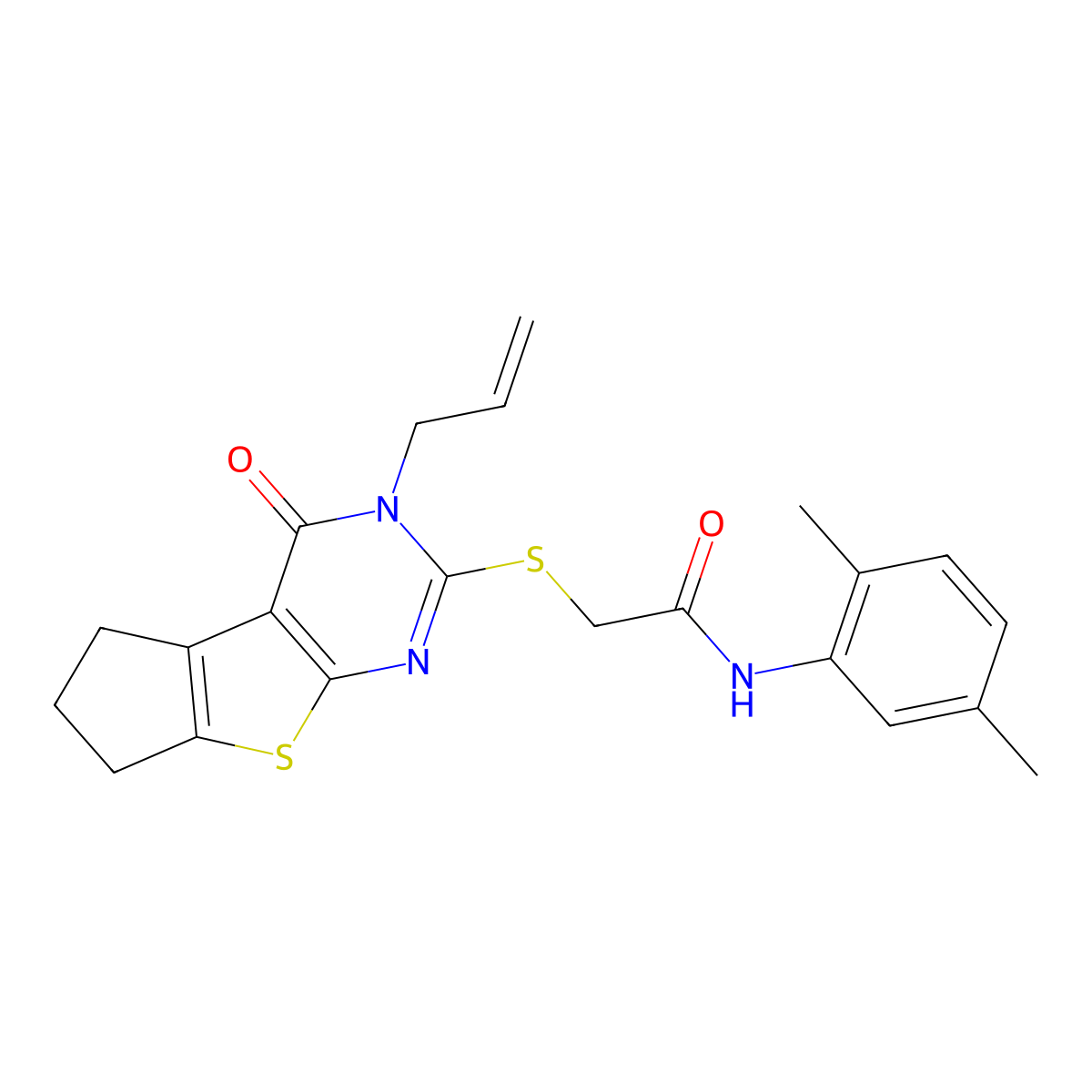 N-(2,5-dimethylphenyl)-2-{[12-oxo-11-(prop-2-en-1-yl)-7-thia-9,11-diazatricyclo[6.4.0.0^{2,6}]dodeca-1(8),2(6),9-trien-10-yl]sulfanyl}acetamide molecular structure, CAS 379247-67-3