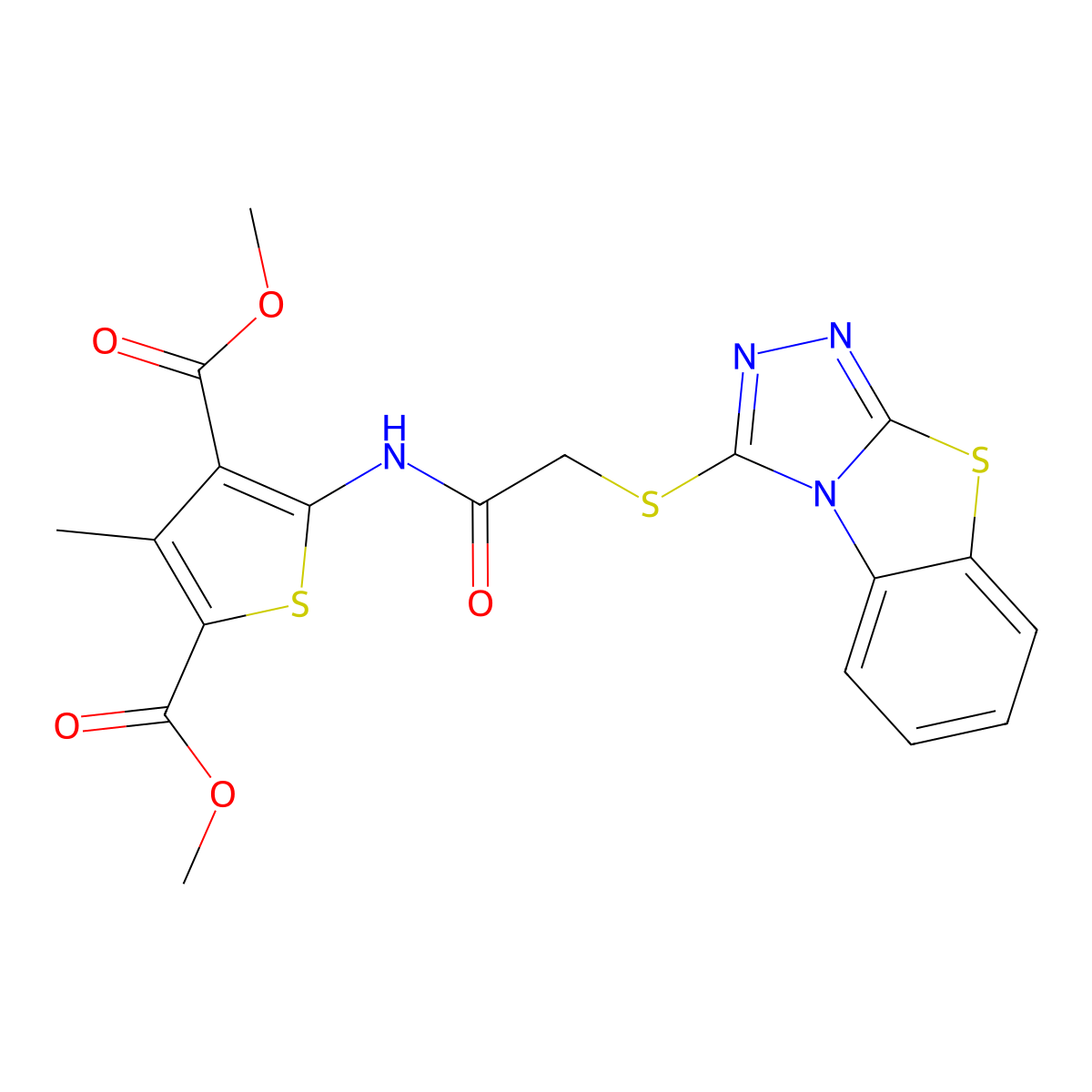 2,4-Dimethyl 3-methyl-5-(2-{7-thia-2,4,5-triazatricyclo[6.4.0.0^{2,6}]dodeca-1(8),3,5,9,11-pentaen-3-ylsulfanyl}acetamido)thiophene-2,4-dicarboxylate molecular structure, CAS 379247-84-4