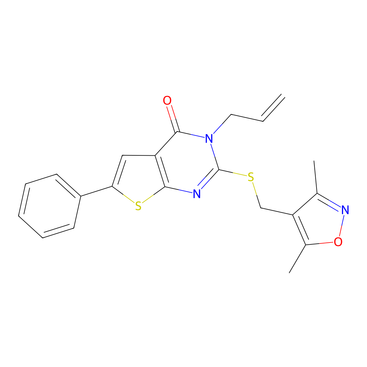 2-[(3,5-Dimethyl-1,2-oxazol-4-yl)methylsulfanyl]-6-phenyl-3-prop-2-enylthieno[2,3-d]pyrimidin-4-one molecular structure, CAS 379247-90-2