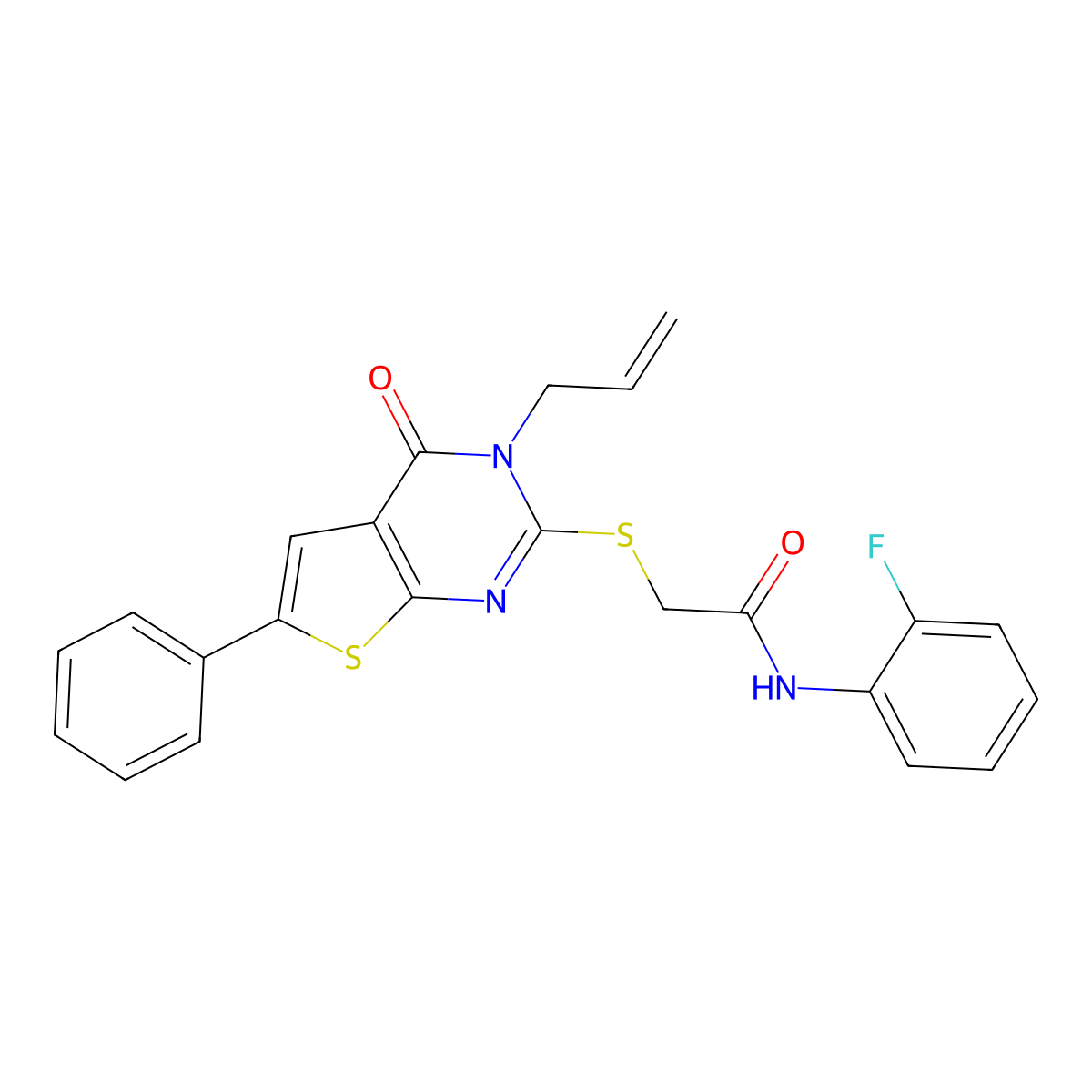 N-(2-fluorophenyl)-2-(4-oxo-6-phenyl-3-prop-2-enylthieno[2,3-d]pyrimidin-2-yl)sulfanylacetamide molecular structure, CAS 379247-93-5