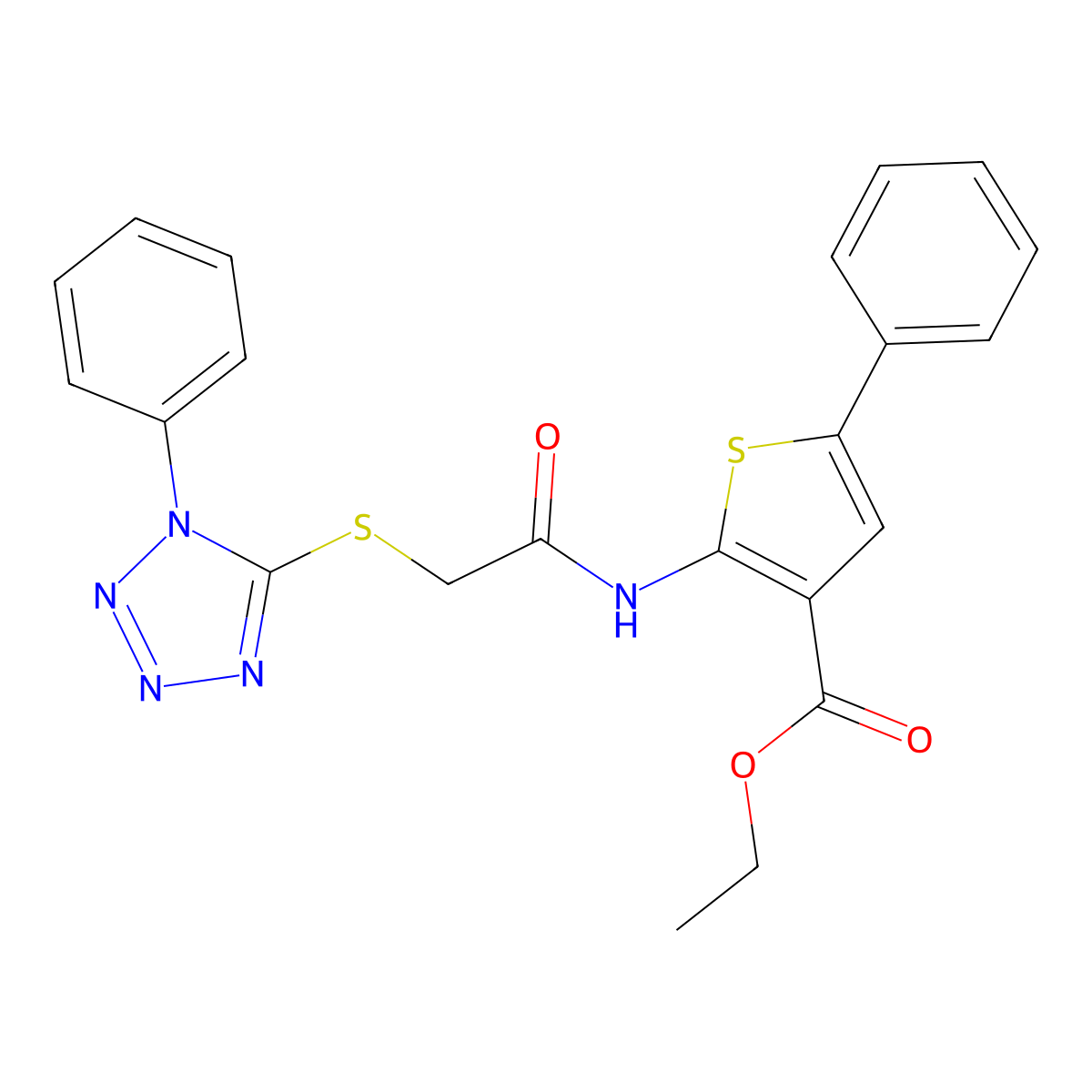 Ethyl 5-phenyl-2-[[2-(1-phenyltetrazol-5-yl)sulfanylacetyl]amino]thiophene-3-carboxylate molecular structure, CAS 379248-06-3