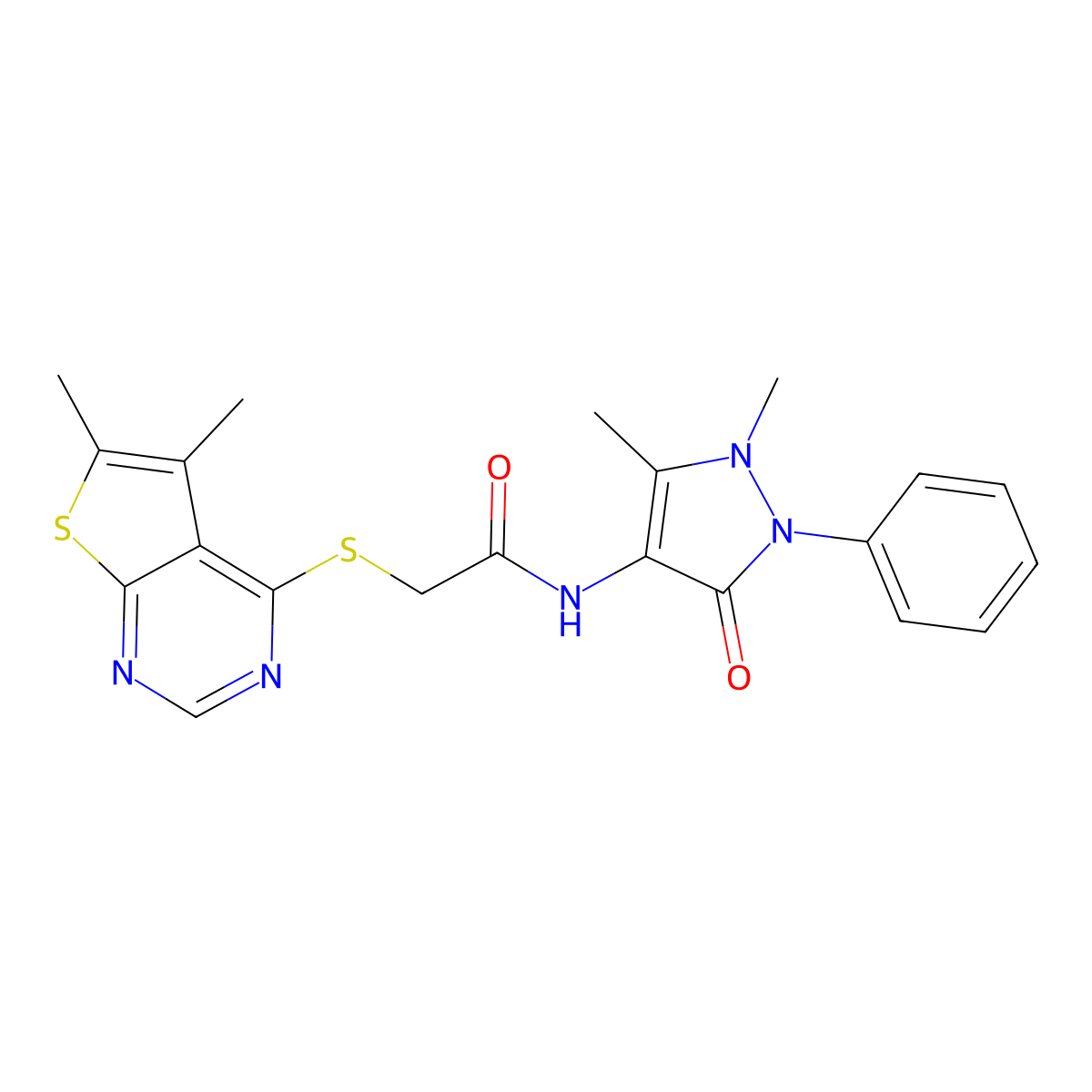 N-(1,5-dimethyl-3-oxo-2-phenyl-2,3-dihydro-1H-pyrazol-4-yl)-2-((5,6-dimethylthieno[2,3-d]pyrimidin-4-yl)thio)acetamide molecular structure, CAS 379248-88-1