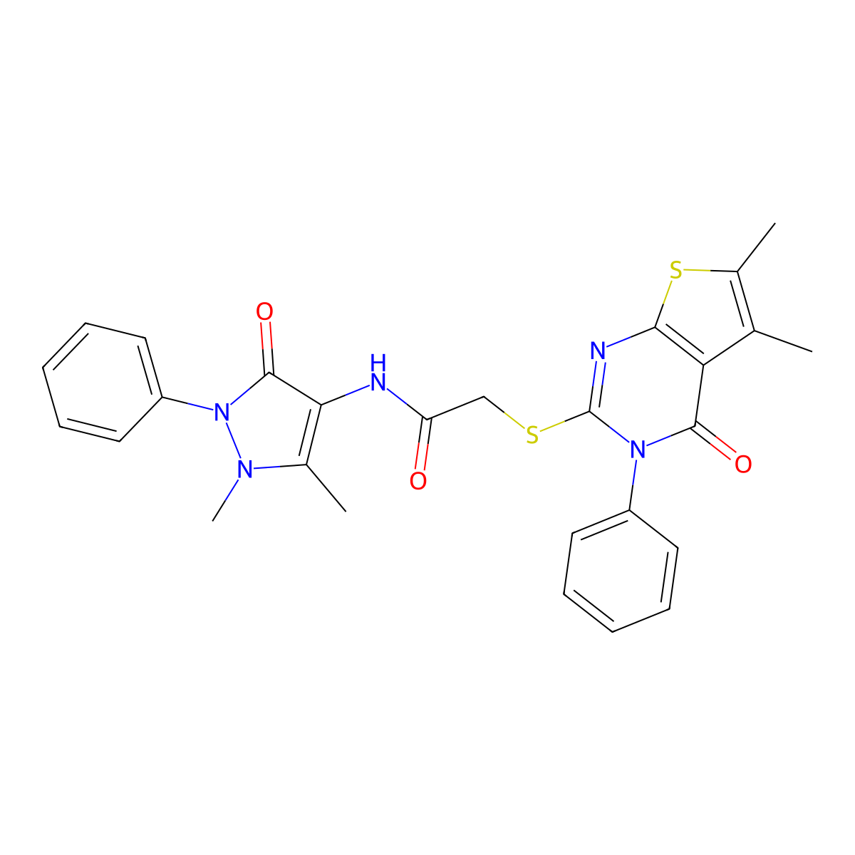 N-(1,5-dimethyl-3-oxo-2-phenylpyrazol-4-yl)-2-(5,6-dimethyl-4-oxo-3-phenylthieno[2,3-d]pyrimidin-2-yl)sulfanylacetamide molecular structure, CAS 379249-16-8