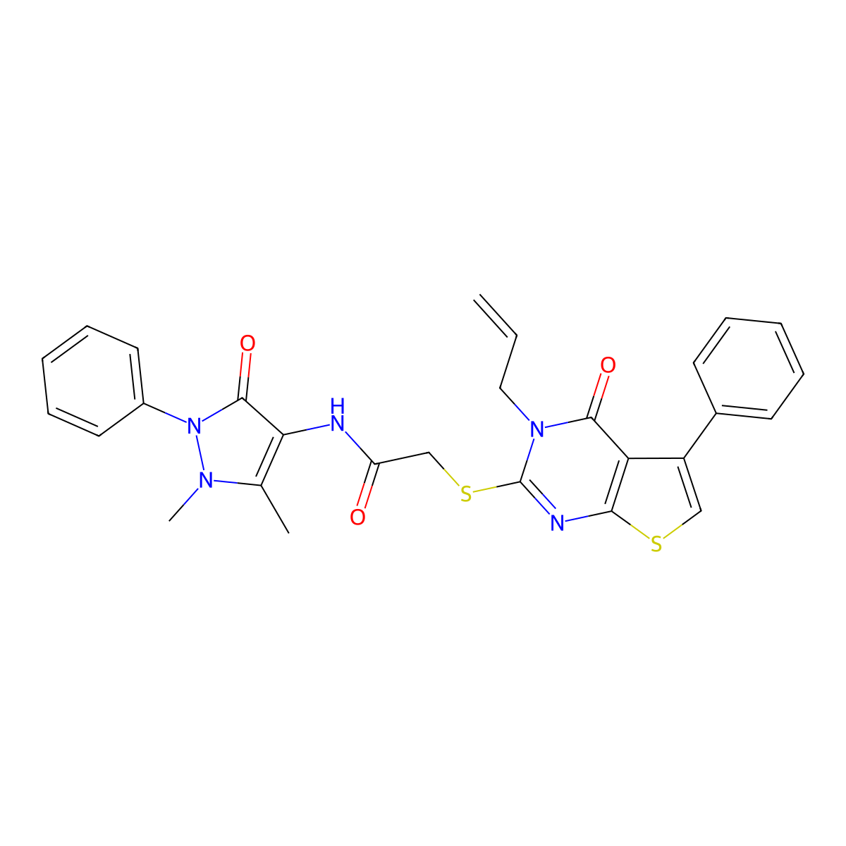 N-(1,5-dimethyl-3-oxo-2-phenylpyrazol-4-yl)-2-(4-oxo-5-phenyl-3-prop-2-enylthieno[2,3-d]pyrimidin-2-yl)sulfanylacetamide molecular structure, CAS 379249-25-9