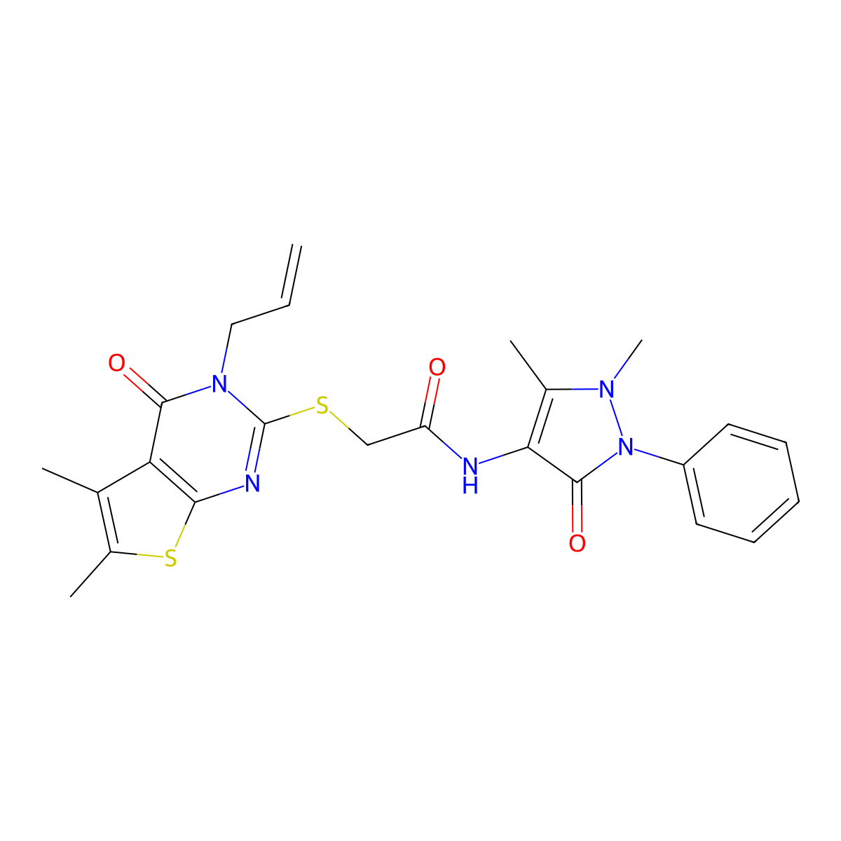 N-(1,5-dimethyl-3-oxo-2-phenylpyrazol-4-yl)-2-(5,6-dimethyl-4-oxo-3-prop-2-enylthieno[2,3-d]pyrimidin-2-yl)sulfanylacetamide molecular structure, CAS 379249-26-0