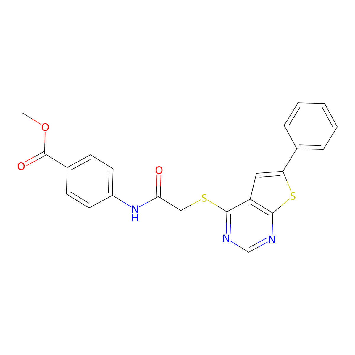 Methyl 4-[2-(6-phenylthiopheno[3,2-e]pyrimidin-4-ylthio)acetylamino]benzoate molecular structure, CAS 379249-29-3