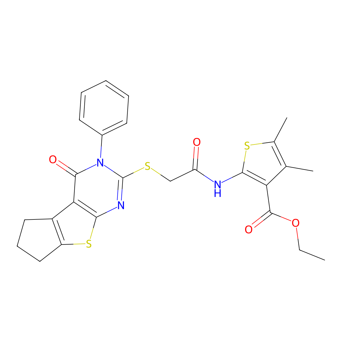 Ethyl 4,5-dimethyl-2-[2-(4-oxo-3-phenyl(3,5,6,7-tetrahydrocyclopenta[2,1-d]pyr imidino[4,5-b]thiophen-2-ylthio))acetylamino]thiophene-3-carboxylate molecular structure, CAS 379249-44-2