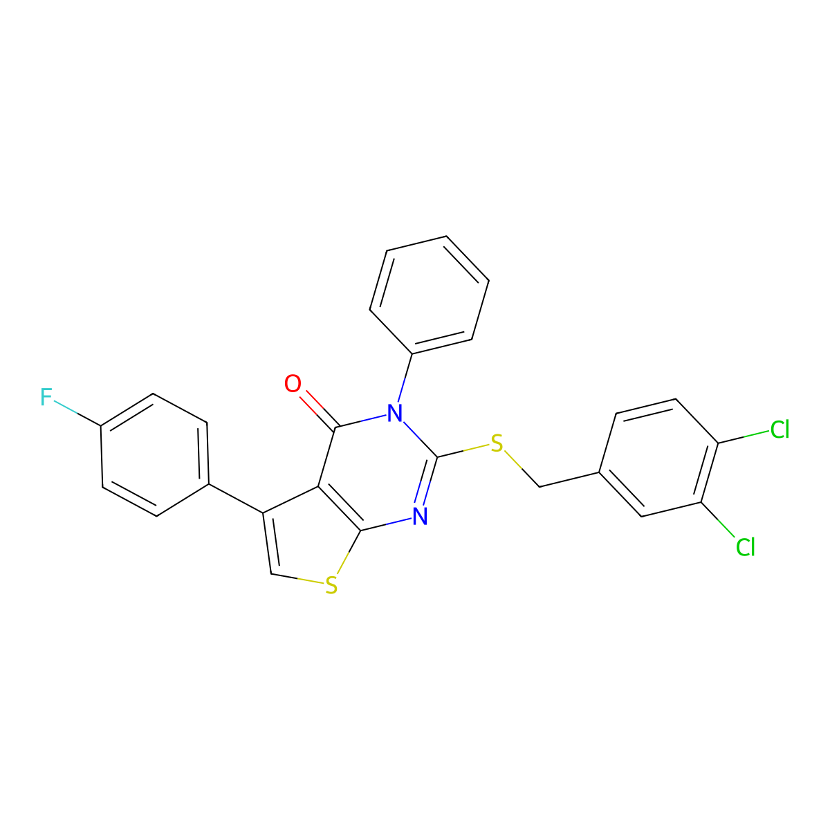 2-[(3,4-dichlorobenzyl)sulfanyl]-5-(4-fluorophenyl)-3-phenylthieno[2,3-d]pyrimidin-4(3H)-one molecular structure, CAS 379249-51-1