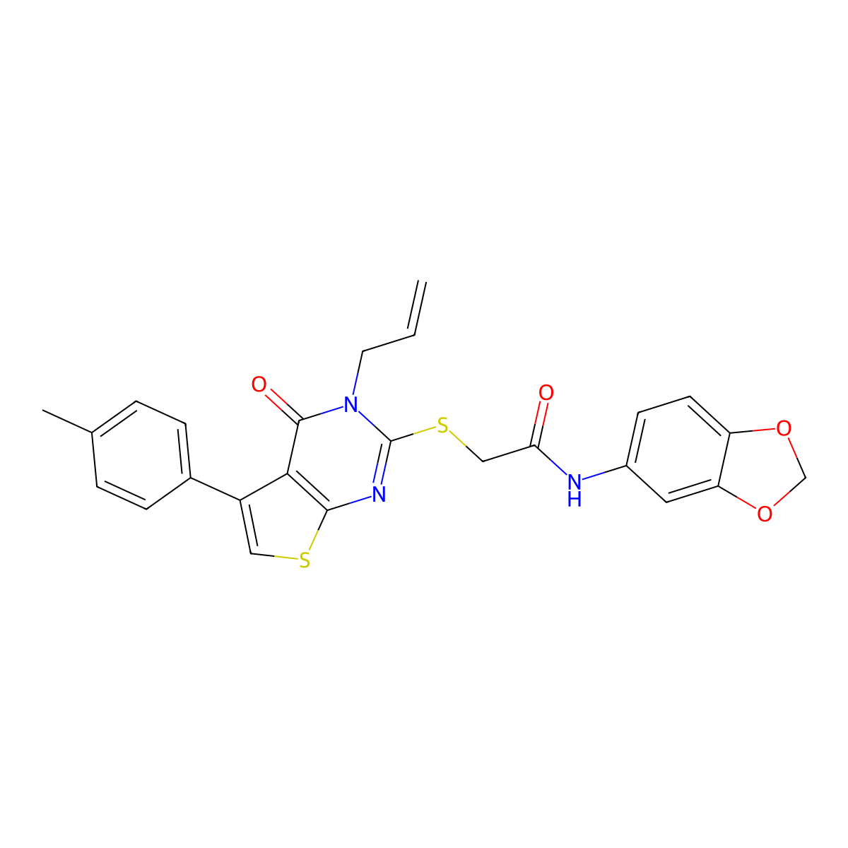 N-(1,3-benzodioxol-5-yl)-2-[5-(4-methylphenyl)-4-oxo-3-prop-2-enylthieno[2,3-d]pyrimidin-2-yl]sulfanylacetamide molecular structure, CAS 379249-74-8