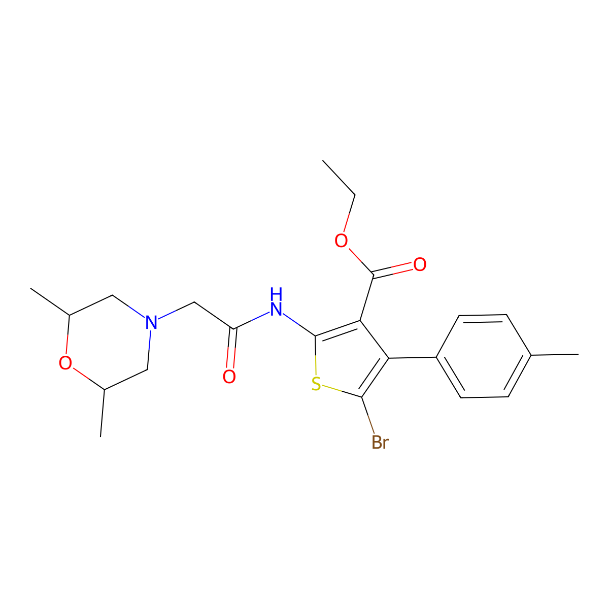 Ethyl 5-bromo-2-(2-(2,6-dimethylmorpholino)acetamido)-4-(p-tolyl)thiophene-3-carboxylate molecular structure, CAS 379249-84-0