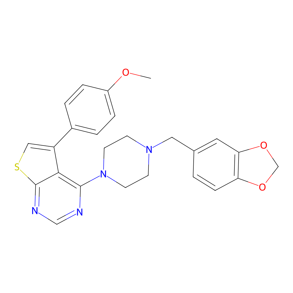 4-[4-(1,3-Benzodioxol-5-ylmethyl)piperazin-1-yl]-5-(4-methoxyphenyl)thieno[2,3-d]pyrimidine molecular structure, CAS 379250-25-6