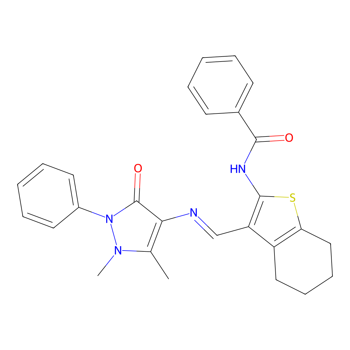 N-(3-{[(1,5-dimethyl-3-oxo-2-phenyl-2,3-dihydro-1H-pyrazol-4-yl)imino]methyl}-4,5,6,7-tetrahydro-1-benzothiophen-2-yl)benzamide molecular structure, CAS 379251-56-6