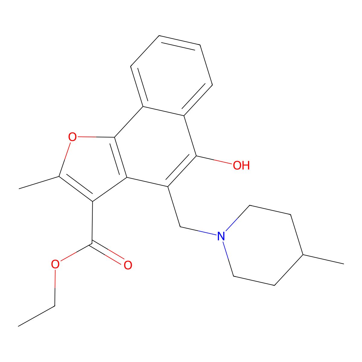 Ethyl 5-hydroxy-2-methyl-4-((4-methylpiperidin-1-yl)methyl)naphtho[1,2-b]furan-3-carboxylate molecular structure, CAS 379252-55-8