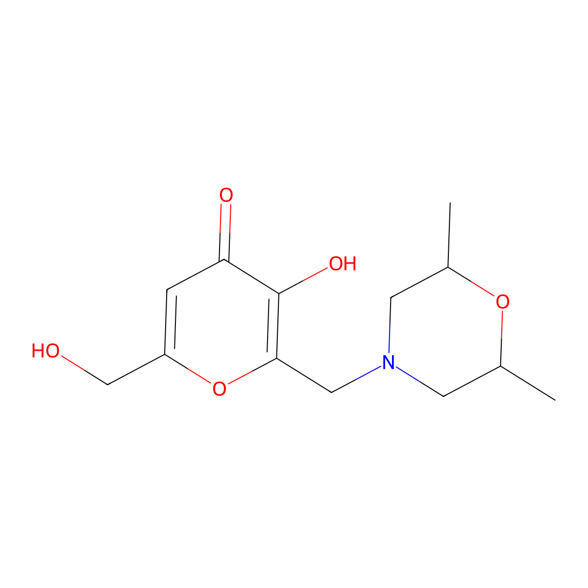 2-[(2,6-Dimethylmorpholin-4-yl)methyl]-3-hydroxy-6-(hydroxymethyl)pyran-4-one molecular structure, CAS 379252-65-0