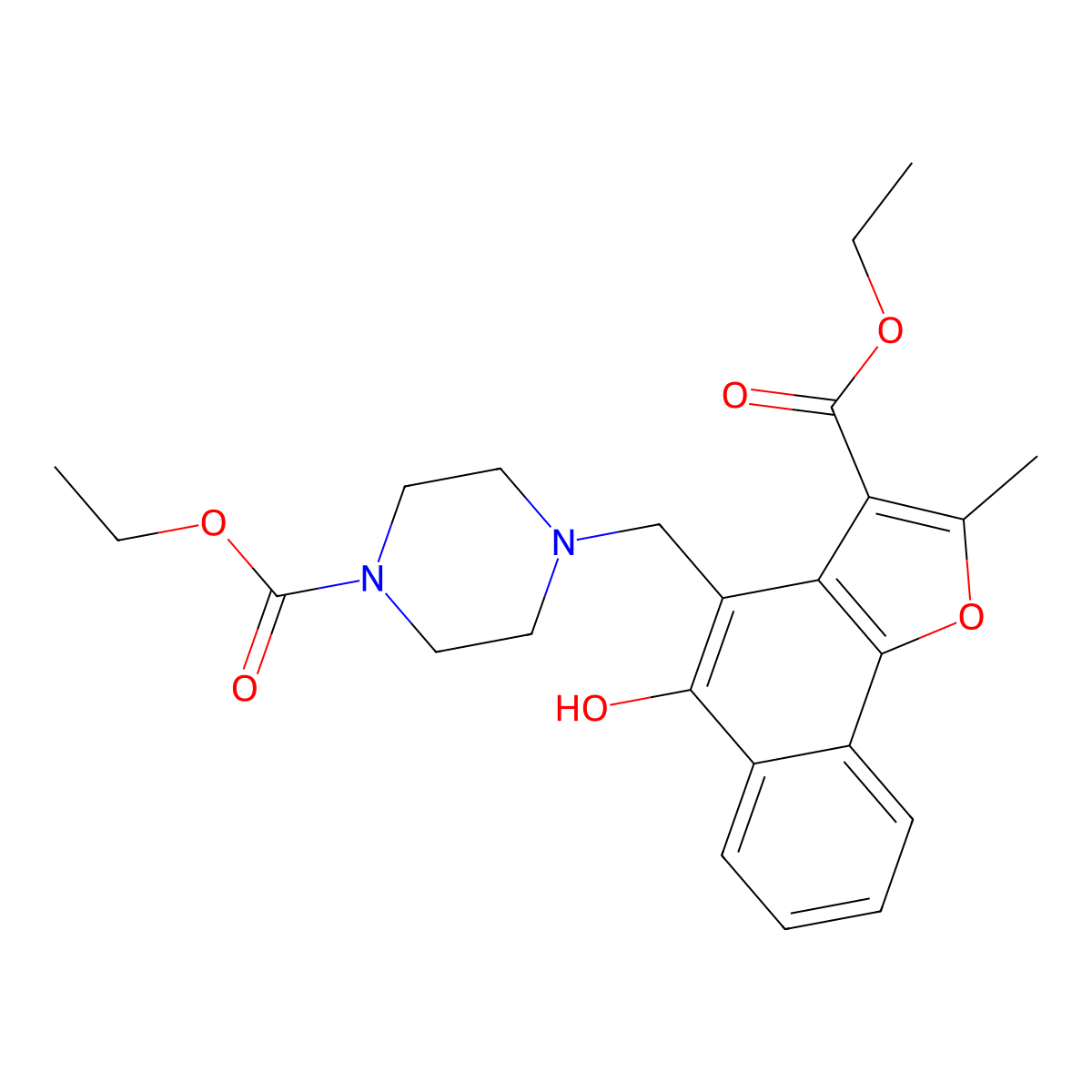 Ethyl 4-((3-(ethoxycarbonyl)-5-hydroxy-2-methylnaphtho[1,2-b]furan-4-yl)methyl)piperazine-1-carboxylate molecular structure, CAS 379253-21-1