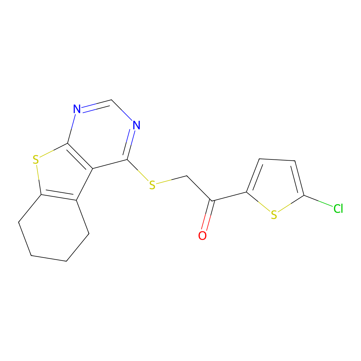 1-(5-Chlorothiophen-2-yl)-2-(5,6,7,8-tetrahydro[1]benzothieno[2,3-d]pyrimidin-4-ylsulfanyl)ethanone molecular structure, CAS 379253-32-4