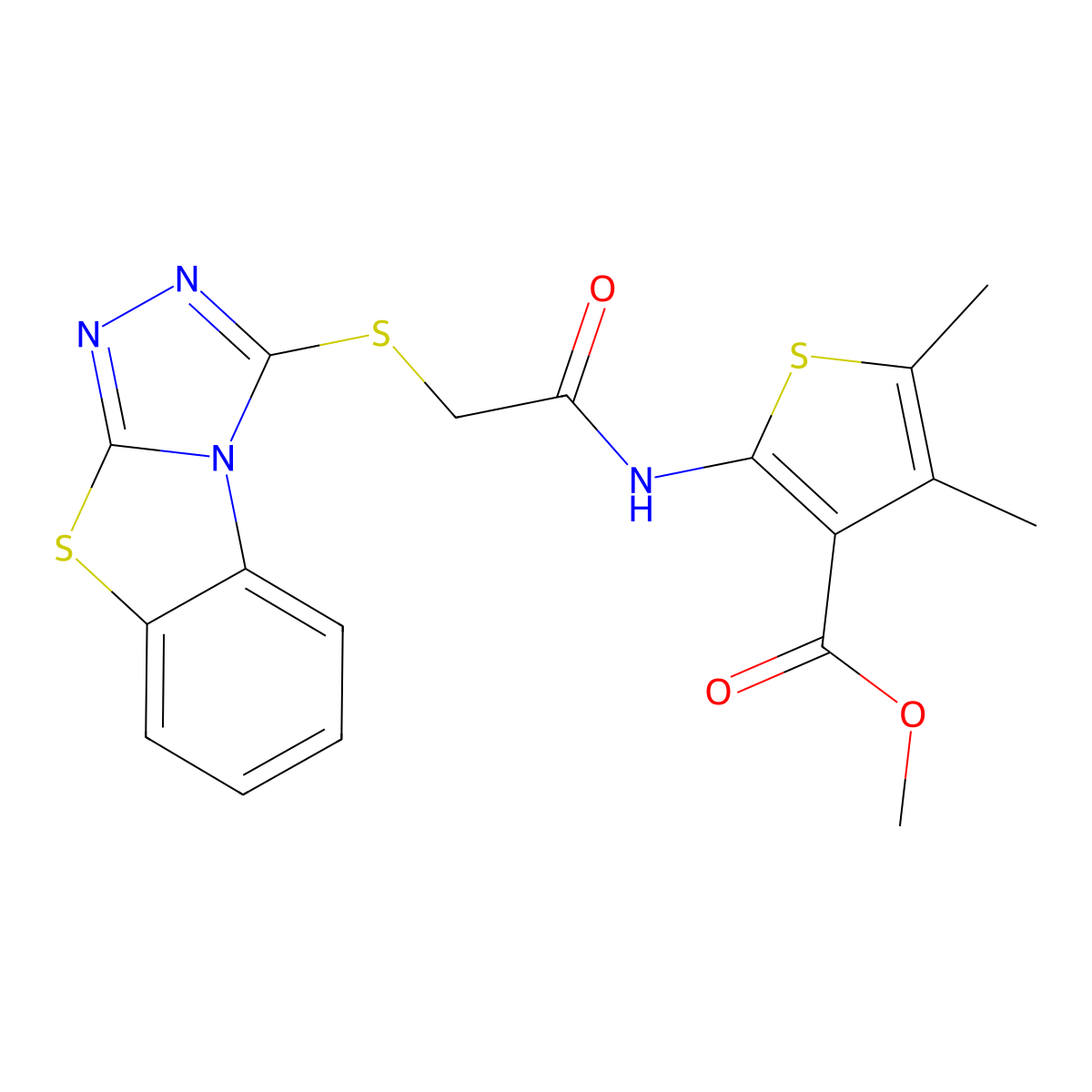 Methyl 4,5-dimethyl-2-[[2-([1,2,4]triazolo[3,4-b][1,3]benzothiazol-1-ylsulfanyl)acetyl]amino]thiophene-3-carboxylate molecular structure, CAS 379253-86-8