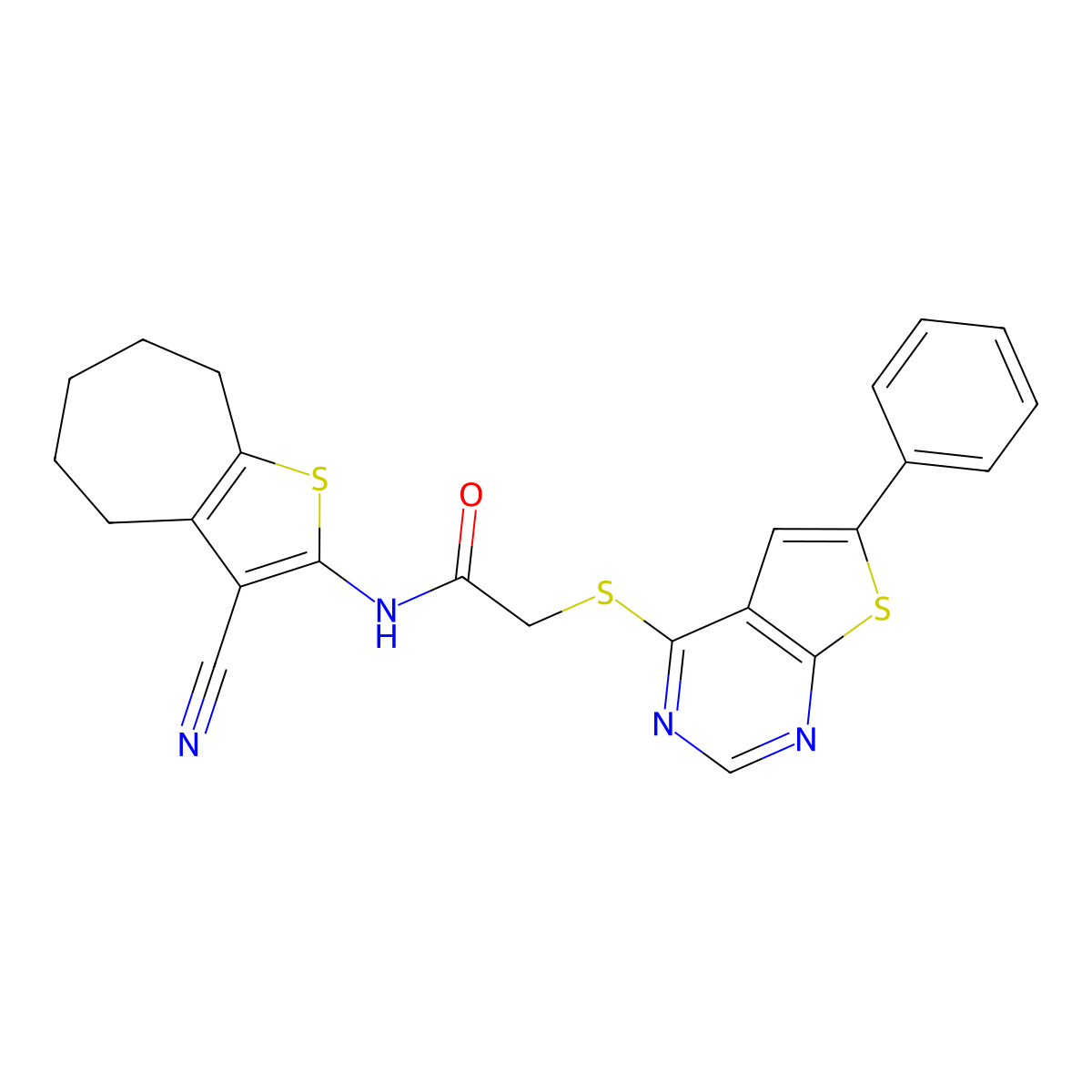N-(3-cyano-5,6,7,8-tetrahydro-4H-cyclohepta[b]thiophen-2-yl)-2-(6-phenylthieno[2,3-d]pyrimidin-4-yl)sulfanylacetamide molecular structure, CAS 379253-98-2
